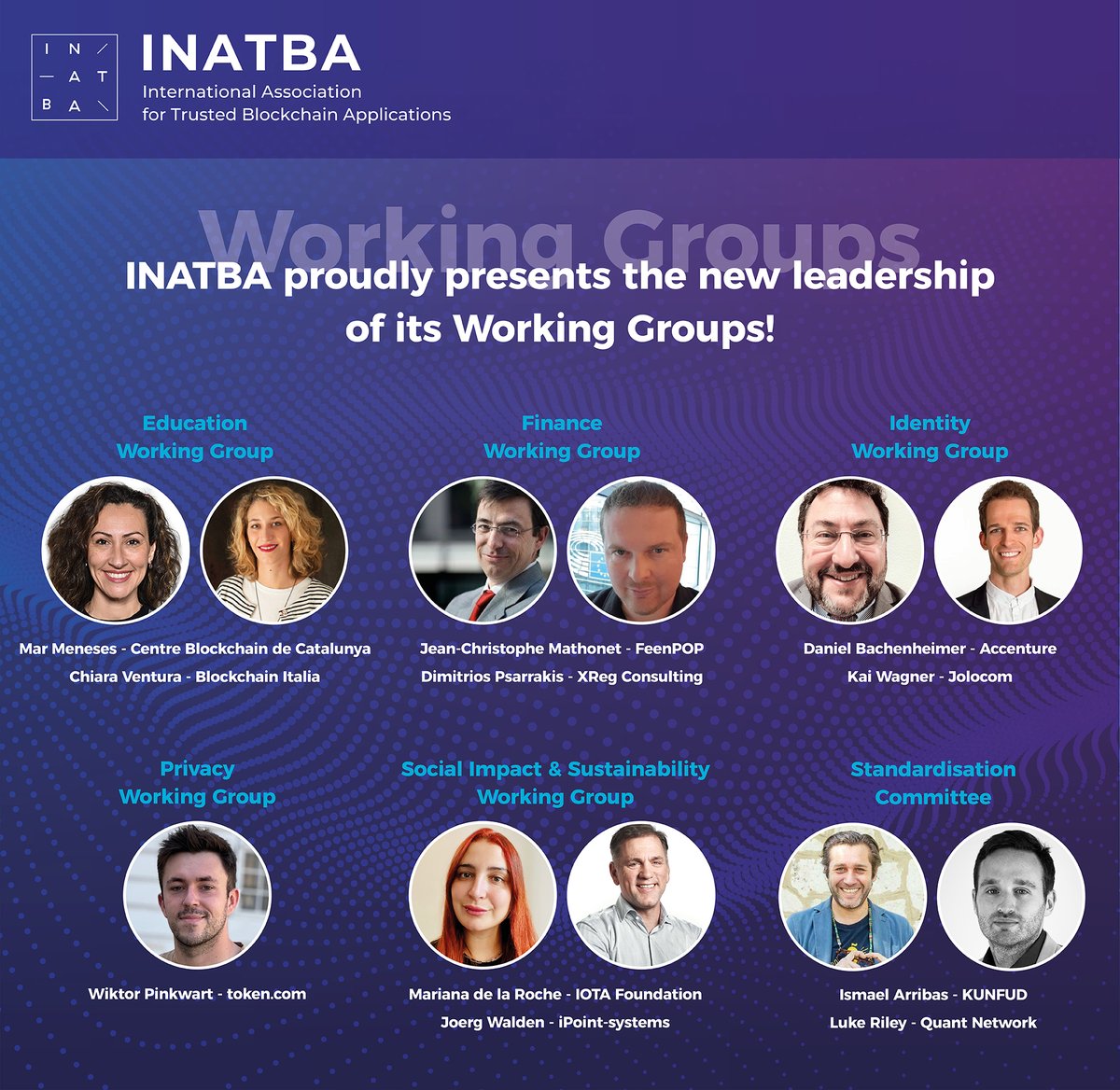 INATBA_org's tweet photo. Congratulations to our new #WorkingGroups leaders in #INATBA in the areas of #Education, #Identity, #Finance, #Privacy, #SocialImpact and Sustainability, and #StandardsCommittee. Your efforts will undoubtedly contribute to creating a better future for us all. #blockchain #dlt https://t.co/FLAEIfqVuk