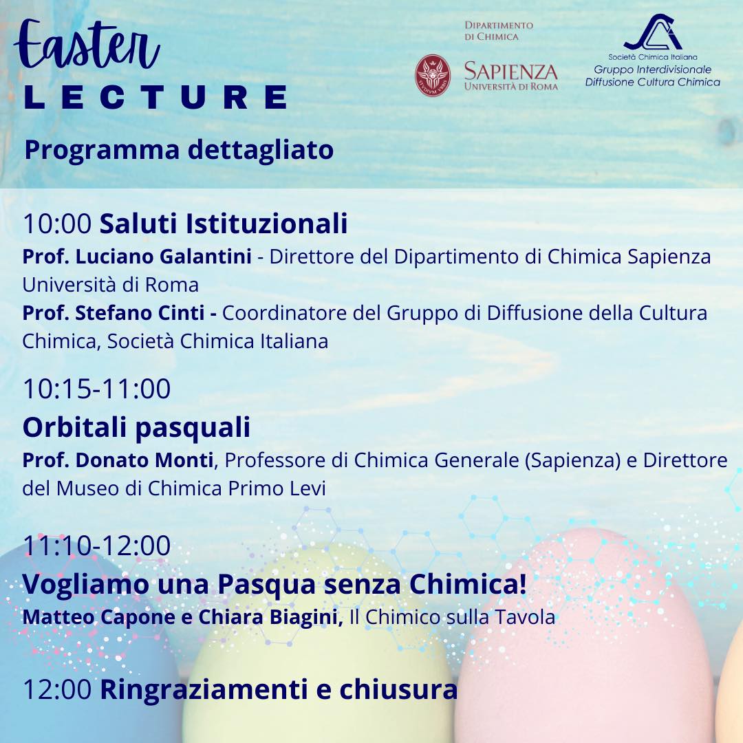 scicultura's tweet photo. Evento Pasquale in arrivo! Partecipa alla nostra Easter Lecture!
• Quando?
Il 4 Aprile alla 10.00
•Dove?
Al Dipartimento di Chimica di Roma La Sapienza, Edificio Cagliari, Aula II 

Siateci!
#scicultura #divulgazione #divulgazionescientifica #pasqua #easter #chimica https://t.co/kaE2tSh2JY