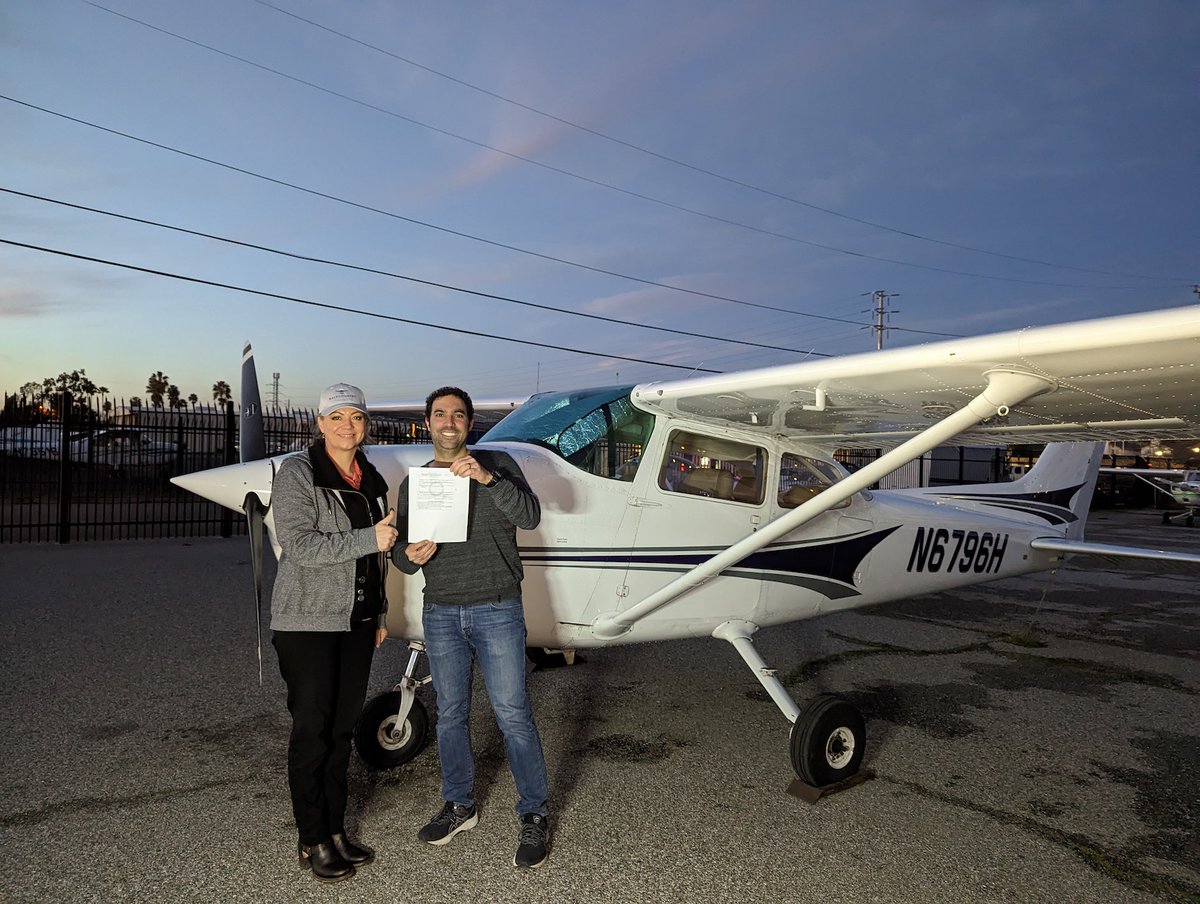 aerodynamic's tweet photo. Congrats to Nizar on his first-time checkride pass with Alaska DPE Carol! Nizar recently solo and went on to quickly finish off his pilot certification requirements. #california #Cessna172 #checkride #flighttraining #KRHV #N6796H #Pilotlicense #PPL https://t.co/fdubSufS7s https://t.co/djcJlM9P3G