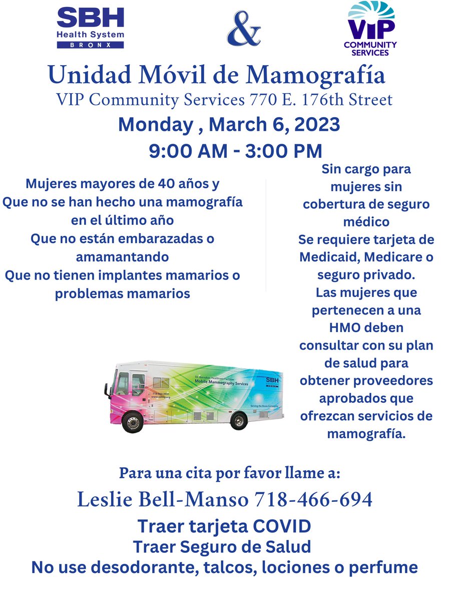 vipcservices's tweet image. VIP will soon have a mobile mammography unit parked outside its headquarters at 770 East 176th St. in #thebronx for the following dates: 

April 3, 2023
May 1, 2023
June 5, 2023
July 10, 2023
August 4, 2023
September 18, 2023
October 2, 2023
November 6, 2023
December 6, 2023
