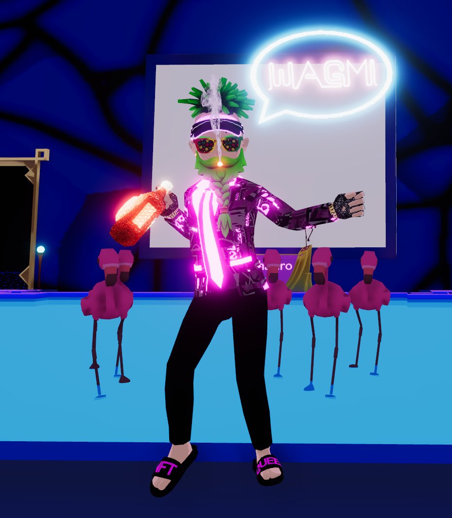 <a href="/tangpoko/">Tangpoko</a> ~ Locations:
<a href="/wishervodka/">Wisher</a> (4,-111) and The Flamingos casino (-130,108)

 ~ Wearables #MVFW23:
Pink Persuasion [suit] - <a href="/SoultryDubs/">Soultry Dubs</a> / <a href="/DCLBabyDolls/">Babydolls</a>
Magma Dreads, Visor-X, NFT Slides - <a href="/FabeeoBreen/">FabeeoBreen</a>
WAGMI [bubble] - <a href="/nat0shi_eth/">nat0shi</a> 
Stoney Rasta Shades - <a href="/stoney_eye/">StoneyEyeStudios</a> 
Glitz Gloves -