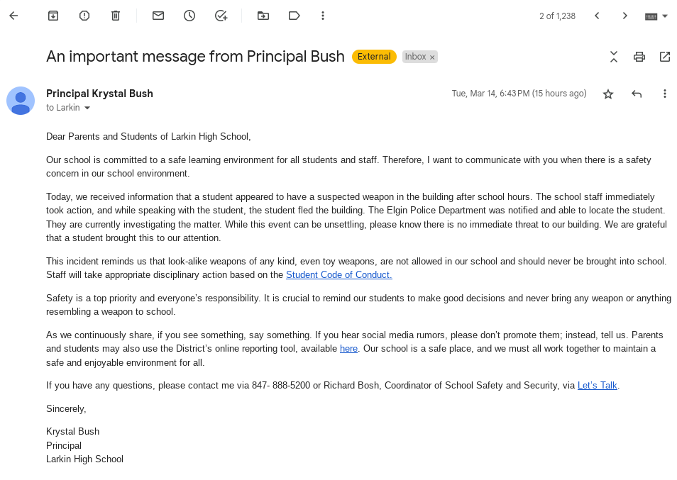 Larkinproblem46's tweet image. Most of what I have to say is just a "trust me bro" source. I Dont have sny proof besides this email sent by the principal