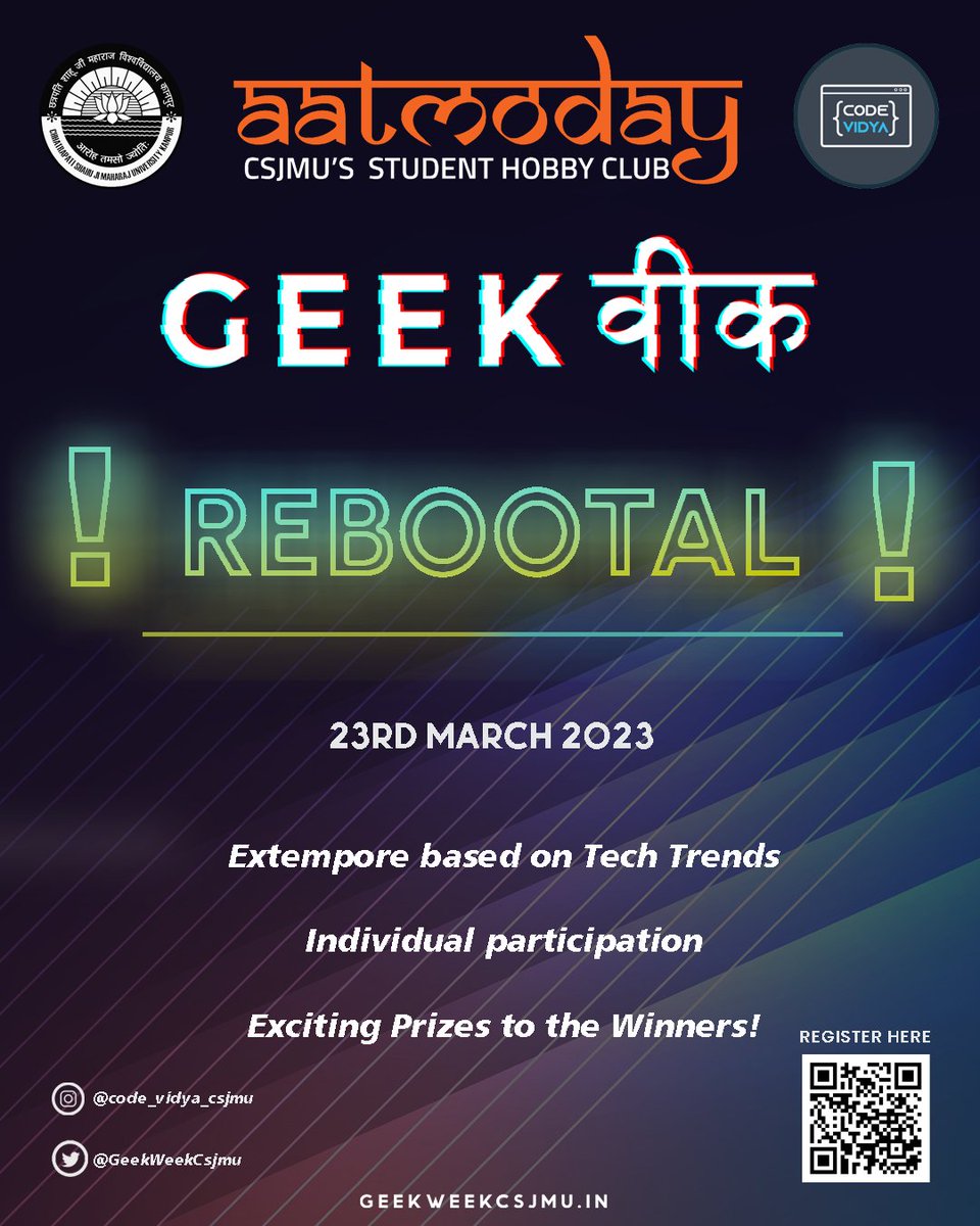GeekWeekCsjmu's tweet photo. "Get ready to unleash your inner #geek and showcase your wit at #Reebotal, the extempore competition of #GeekWeek on day4!! Brings you A-game and be prepared to improvise on the spot. Let's see who can think on their feet and come out on top! #geeklife #improvisation" https://t.co/nGBMY5vEYy
