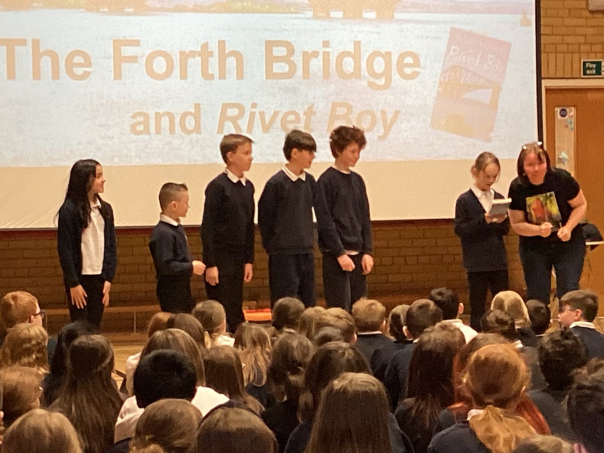 carmondean_ps's tweet photo. P5, 6 and 7 had a very enjoyable afternoon with the author Barbara Henderson who told us all about her new novel ‘Rivet Boy’. There was lots of interactive fun with an exciting quiz too! Thank you to Barbara for visiting us. @scattyscribbler @MrsGilmourCPS https://t.co/0ukgPL1Kse