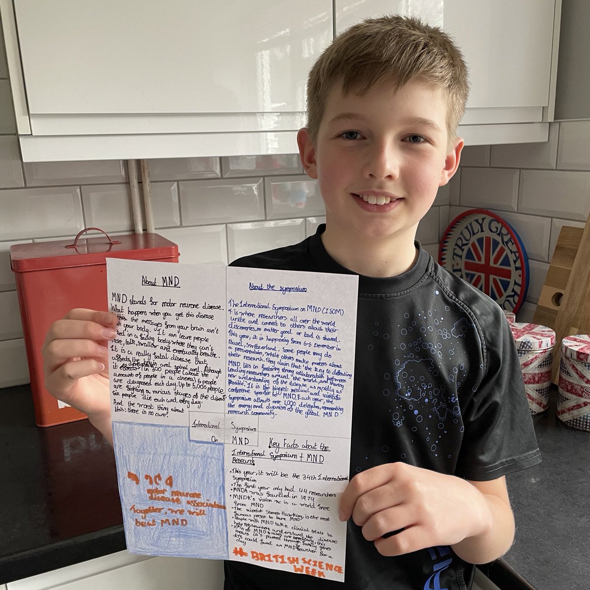 #BritishScienceWeek homework on the theme of ‘connections’. So Finnley wrote about @mndassoc @mndresearch International Symposium. The ultimate place for scientists/researchers to connect! 🧪🥼🧬🔬🧫