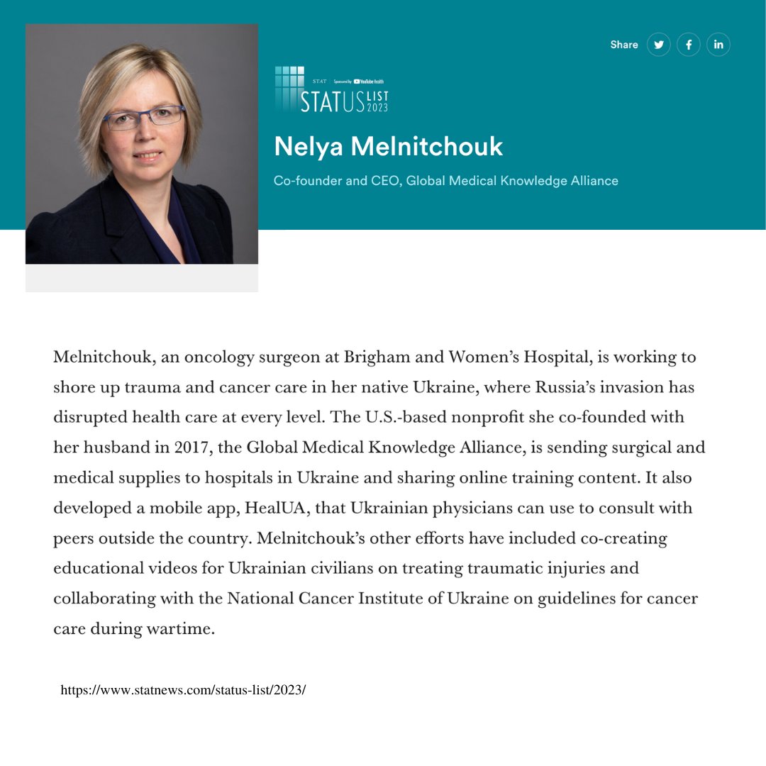 Congrats to Dr. Nelya Melnitchouk for being named an honoree in the 2023 @statnews #STATUSList  of leaders in the life sciences!

statnews.com/status-list/20…