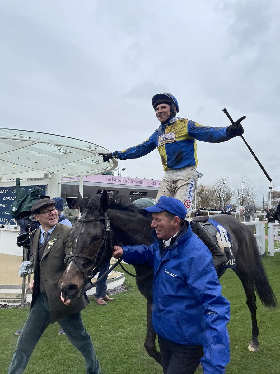 RacingPost's tweet photo. LANGER DAN finally gets his Cheltenham Festival victory! 💙💛 https://t.co/4XvlMPbbFv