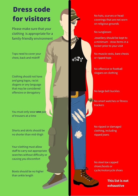 ⭐️Visitors of Guys Marsh ⭐️

We have recently introduced a 'dress code' policy to our social and wellbeing visits. Please see images below of what is / is not acceptable at a visit. We want to maintain decency and ensure all our visitors have a nice visit! Thank you 🙂