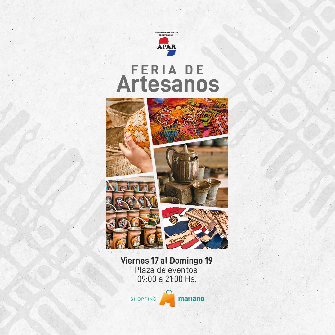 ¡Vuelve la Feria de Artesanos!🇵🇾
Por el día Internacional del Artesano, te esperamos con una gran variedad de creaciones.
Vas a encontrar piezas de cerámica, tallado en madera, aopo’í, ñandutí, encaje ju, poyvi, cuero, karanday, cestería, arte indígena y mucho más . 🙌🏻