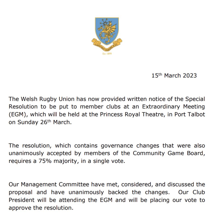 Club statement on the upcoming WRU EGM