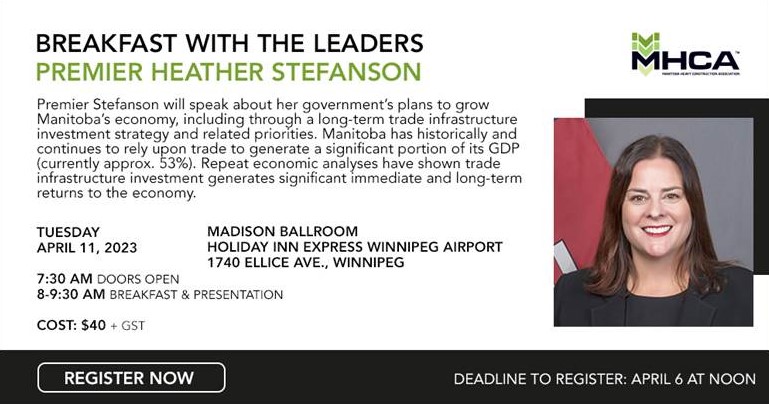 Join us for breakfast at the Holiday Inn Express on April 11, 2023, where Premier Stefanson will discuss plans to grow the Manitoba economy, including trade infrastructure and more: bit.ly/3ZU3iqX