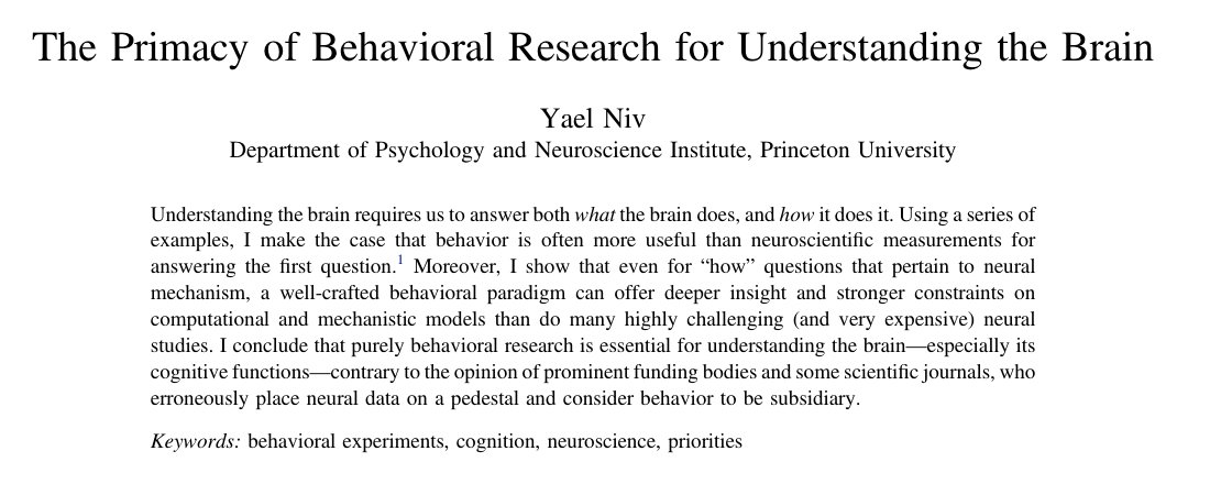 🔥🔥🔥 "Purely behavioral research is essential for understanding the brain [..], contrary to the opinion of prominent funding bodies and some scientific journals, who erroneously place neural data on a pedestal and consider behavior to be subsidiary"

pubmed.ncbi.nlm.nih.gov/34096743/