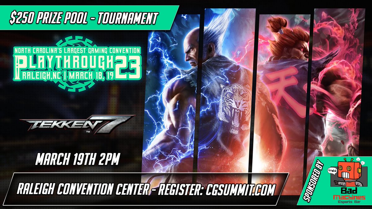 CGSummit's tweet photo. What’s that? @MyBadMachines has entered the arena, joining us as a sponsor for our prize pools for #Tekken7, #KOFXV, #SFV, and #GGST at @PlaythroughGC ! It’s not too late to sign up here 👉 https://t.co/nOuLSYPvCu
#PlaythroughGamingConvention #Esports #Raleigh #BadMachines https://t.co/y41koZFmHU