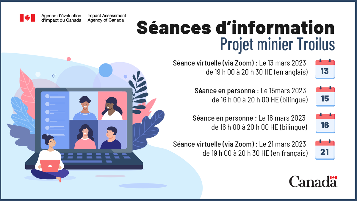 aeic_iaac's tweet image. Aujourd’hui à 16 h (HE), participez à une séance d’information bilingue en personne sur le projet minier #Troilus.

Venez nous rencontrer au Centre sportif et communautaire de Chapais 👉 iaac-aeic.gc.ca/050/evaluation…

#ÉvaluationImpact #Québec #MinesQC