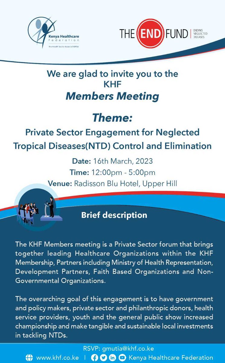 TheENDFund's tweet photo. The END Fund with the Kenya Healthcare Federation (KHF) will be hosting a KHF members meeting tomorrow in Nairobi, Kenya, from 12pm to 5pm EAT. The event will bring together different stakeholders to make tangible &amp; sustainable local investments in combating #NTDs.
#ENDinSight https://t.co/A5ywaRK2Bh