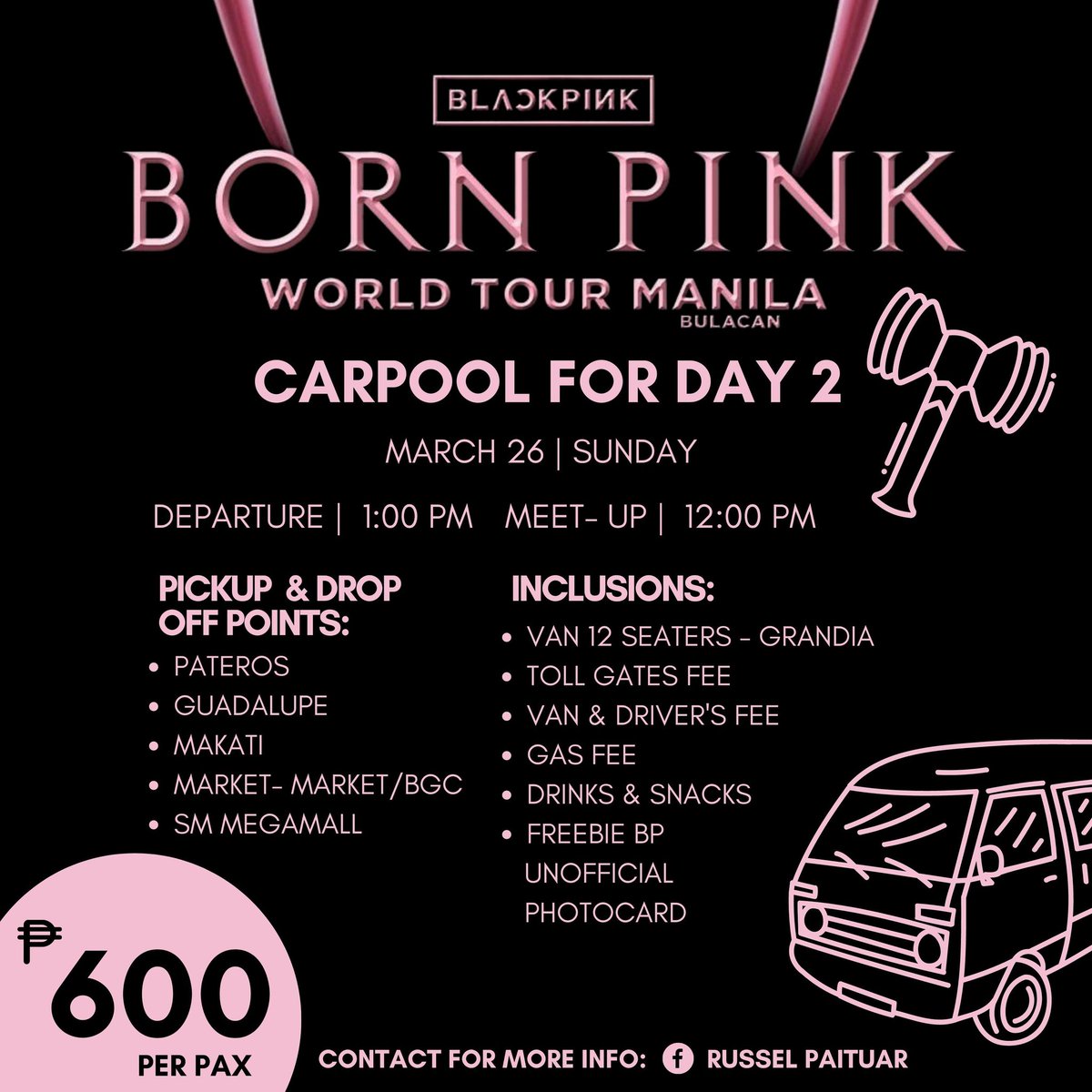 pineasdelmonte's tweet photo. VAN SERVICE FOR DAY 2
Hi Blinks!
LF: Kasabay sa Day 2 (March 26)
DM me for more details thank you! 😊 https://t.co/u9UndO4Yi2