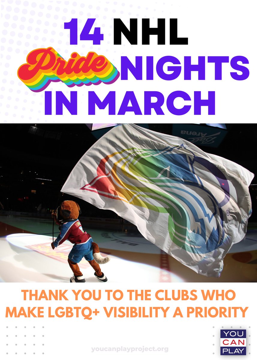 YouCanPlayTeam's tweet photo. March is a busy month for pride nights in the @nhl. It’s amazing to look back to our start 11 years ago and think far we have come, and how far we still must go. https://t.co/F3ZeRoDOQ2