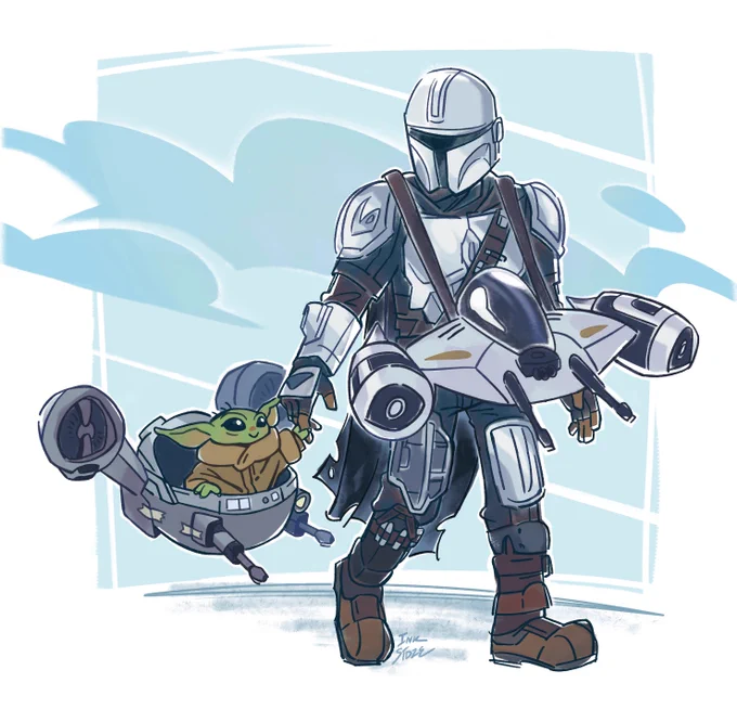 din &amp; grogu in halloween costumes except its nowhere near halloween season and I just wanted to draw this idea out-#TheMandalorian #Grogu 