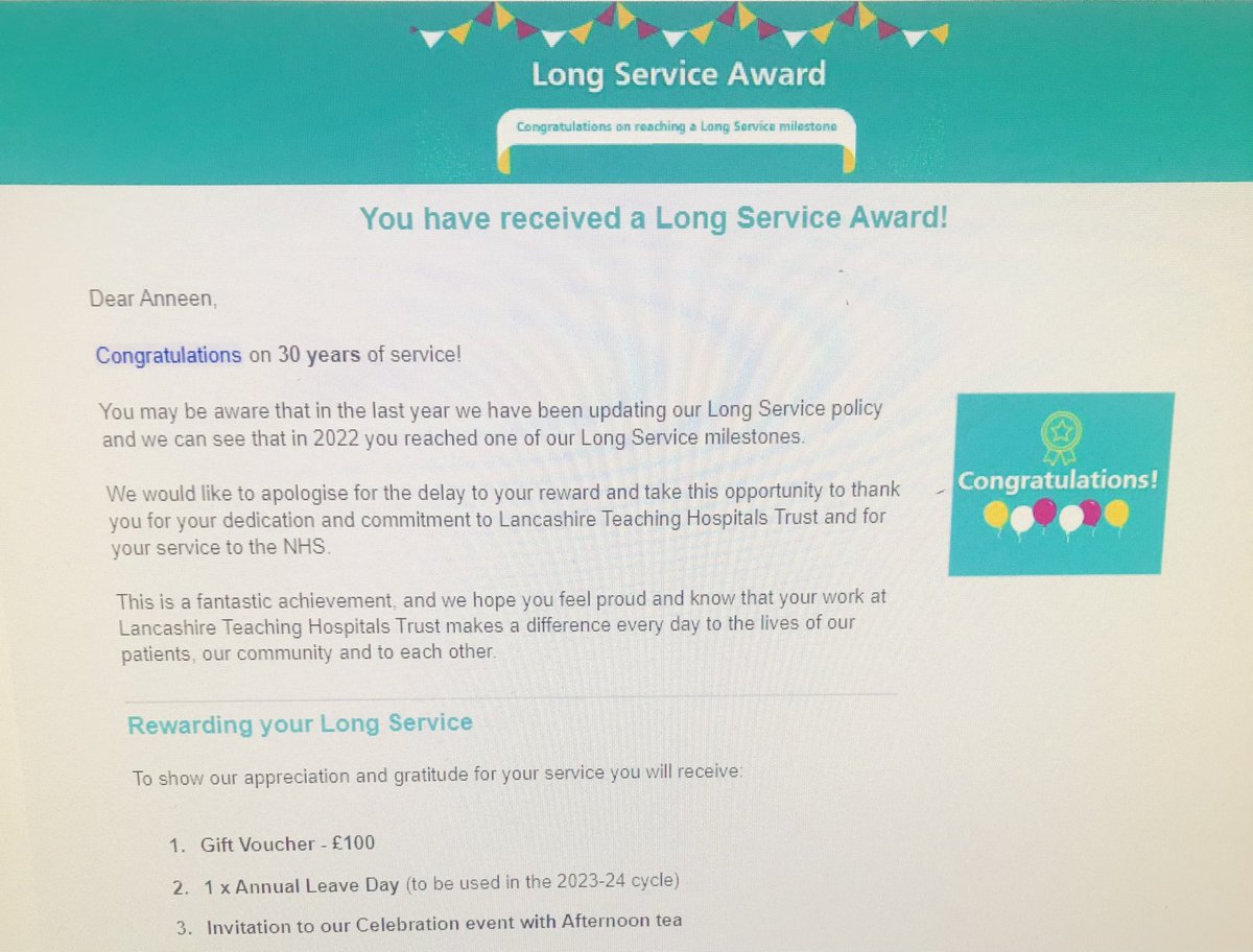 AnneenCarlisle's tweet photo. Well thereโs something you donโt receive everyday โค๏ธ
Thankyou LTHTR #30yearsservice #NHS https://t.co/5PfGl1QGWZ