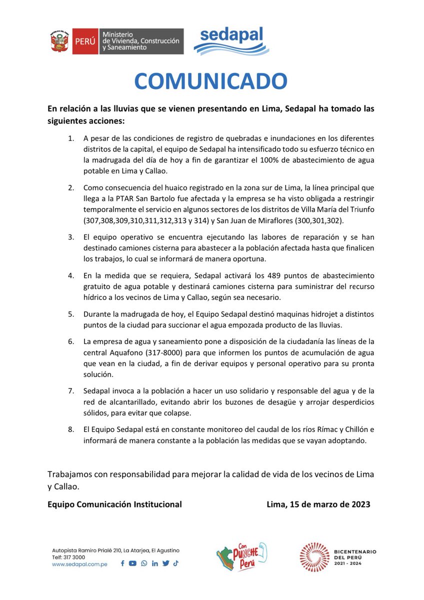 SedapalOficial's tweet photo. 🔴 #SedapalInforma | En relación a las lluvias que se vienen presentando en Lima, Sedapal ha tomado las siguientes acciones: https://t.co/yxrcDdwz27