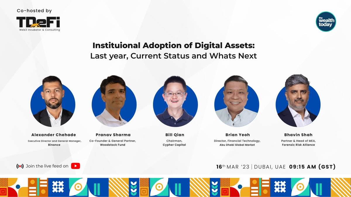 Join TDeFi and  <a href="/TheWealthToday/">The Wealth Today</a> for a live panel discussion on Mar 16th,2023
Alexander Chehade,Exe Dir.,<a href="/binance/">Binance</a>
Pranav Sharma, Co-Fdr,<a href="/Woodstockfund/">Woodstock</a>
Bill Qian, Chm,<a href="/cypher_capital/">Cypher Capital</a>
Brian Yeoh, Dir.,<a href="/ADGlobalMarket/">ADGM</a>
Bhavin Shah, Hd. MEA,@ForensicRisk 
Here - youtube.com/live/TFfhpJDxr…