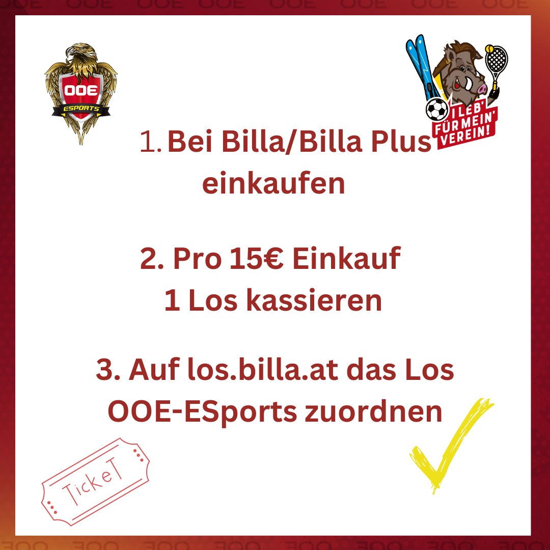 ooe_esports's tweet photo. Unterstütze uns mit der Billa Aktion "I leb für mein verein". Bei Billa einkaufen, Lose abstauben und OOE-ESports spenden! Hier gehts direkt zur Einlösungsseite: https://t.co/NBCLsrIlo7
#billa #verein #billaplus https://t.co/JFKs6RIoDW