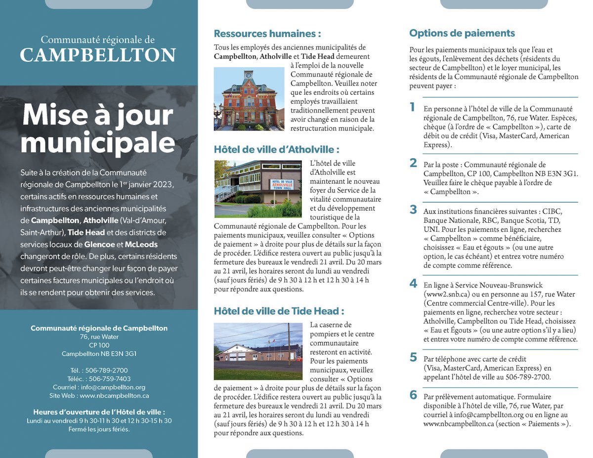 CampbelltonNB's tweet photo. Mise à jour municipale - mars 2023 : Ressources humaines / Hôtel de ville d'Atholville / Hôtel de ville de Tide Head / Options de paiements : https://t.co/IoZPkTc07Q https://t.co/8i3WKdWH41