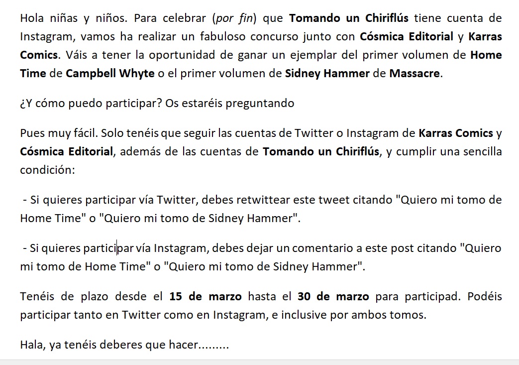 TUCHpodcast's tweet photo. ¿Alguien quiere ganar un tebeo?

Pues leed las bases del concurso que organizo junto con @ComicsKarras y @CosmicaEd y ganad un ejemplar de Sidney Hammer o Home Time.

Tenéis de plazo hasta el 30 de marzo.

Ya sabéis lo que tenéis que hacer...... https://t.co/ZAIEzOnWEz