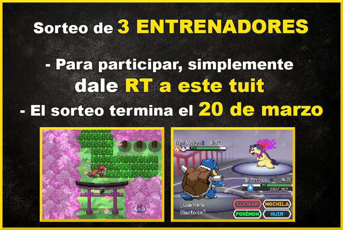 Mi gente, vamos a celebrar el inminente lanzamiento de POKÉMON AÑIL con un ✨SORTEO MUY ESPECIAL✨

Voy a sortear a 3 entrenadores que aparecerán en las rutas del juego entre todos los que deis RT🔁 a este tuit.

Os recuerdo que el juego completo sale el 23 de Marzo.
