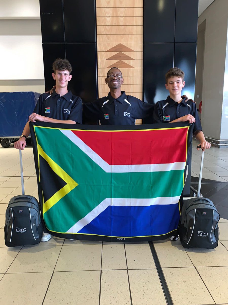 Exposcience's tweet photo. #DiscoverEskomExpo Team South Africa is off to Mahdia, Tunisia to compete in the International Festival of Engineering Science and Technology in Tunisia #IFEST2. Pictured: Joseph Gibbon & Matthew Redfern from Pinelands High School, with Eskom Expo’s Hosea Mpaneng 🇿🇦🇿🇦👏🏽👏🏽 https://t.co/EyRa1l73Km