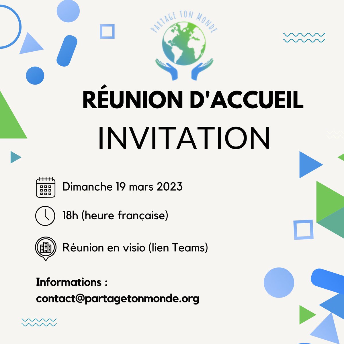 Vous souhaitez rejoindre l'équipe de l'association Partage ton Monde ? 🌍

👉 RDV ce dimanche 19 mars à 18h (heure française) pour découvrir les projets de l'association et comment vous pouvez y contribuer! 

Inscription à l'adresse suivante : contact@partagetonmonde.org