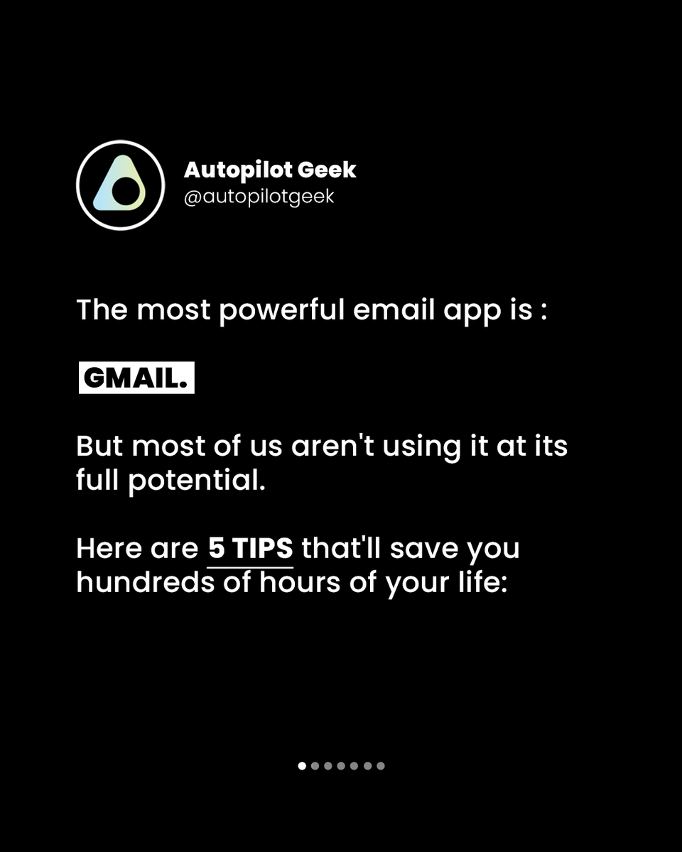 autopilotgeek's tweet photo. The most powerful email app is :

Gmail.

But most of us aren't using it at its full potential.

Here are 5 tips that'll save you hundreds of hours of 
your life:

🧵 https://t.co/xn8UNZTqy4