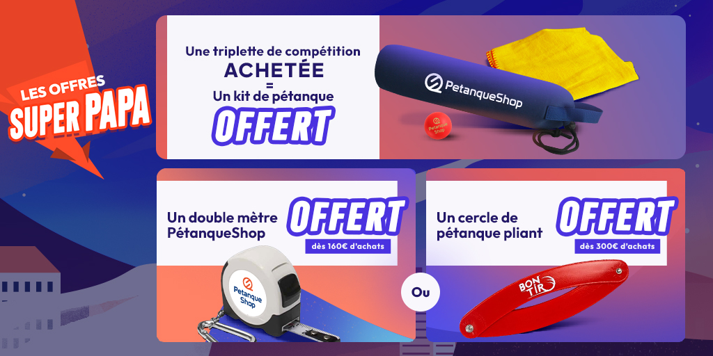 Petanqueshop's tweet photo. Top départ pour nos offres #fetedesperes :
🎁 Sacoche + chamoisine + but offerts pour l'achat d'une triplette
🎁 Double-mètre offert dès 160 €
ou 
🎁 Cercle pliant offert dès 300 €

🔥 Valable jusqu'au 18 juin !

(Conditions : https://t.co/3DJU0kenD1)

#fetedesperes #petanque https://t.co/rzWISusuaq