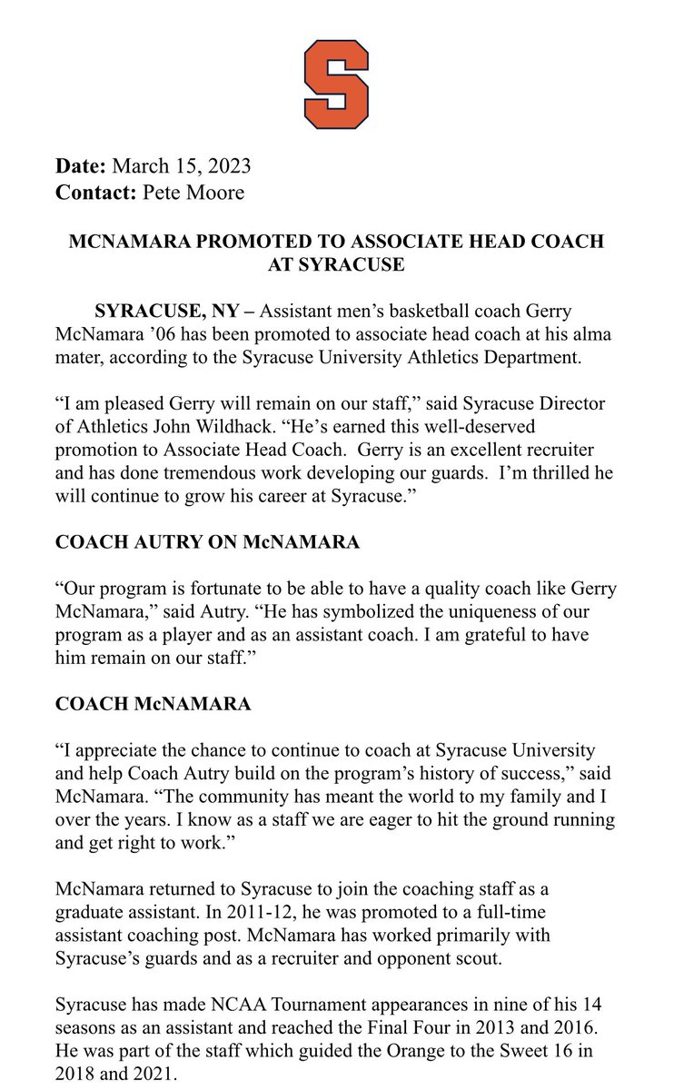 RT @AlexSimsTV: BREAKING: Gerry McNamara has been promoted to associate head coach of Syracuse men’s basketball. https://t.co/EQpqL9FqvT