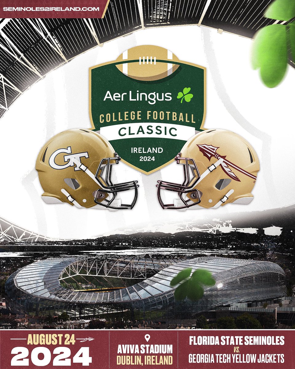 FSUFootball's tweet photo. We will open the 2024 season in ☘️ Ireland ☘️

Tickets can be secured by placing a $250 deposit on travel packages exclusively at https://t.co/CIR3ZKmaPH

More information about our first international game in program history: https://t.co/4dycvxFhuA

#NoleFamily | #KeepCLIMBing https://t.co/TKaCaPUdCb