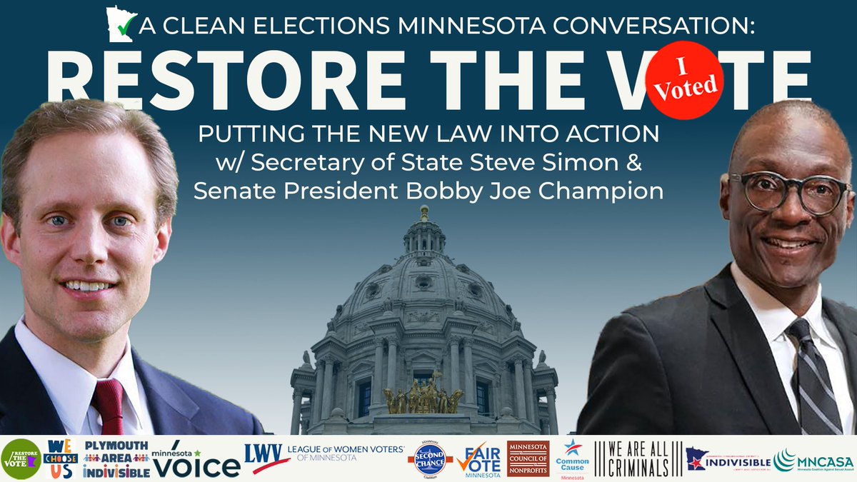 CleanMinnesota's tweet image. 📣Monday, April 10, join Clean Elections MN and our co-hosts for a conversation about #RestoreTheVote! We’ll be joined by @MNSteveSimon and @SenatorChampion to discuss the implementation of this historic law.

Register ➡️ us02web.zoom.us/webinar/regist…