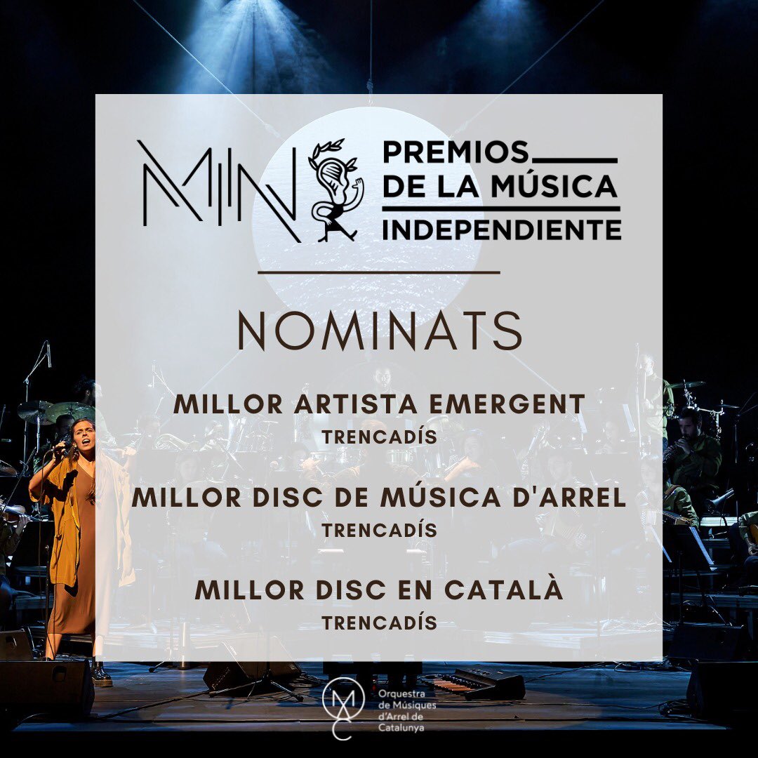 #Trencadís també està nominat als premis MIN de la música independent. 

Optem a tres categories:
▪️Millor artista emergent
▪️Millor disc d'arrel
▪️Millor disc en català

Ens podeu votar a premiosmin.com/candidate/omac…

#premisnin #omac #omacorquestra 

<a href="/PropagandaPFet/">Propaganda pel Fet!</a>