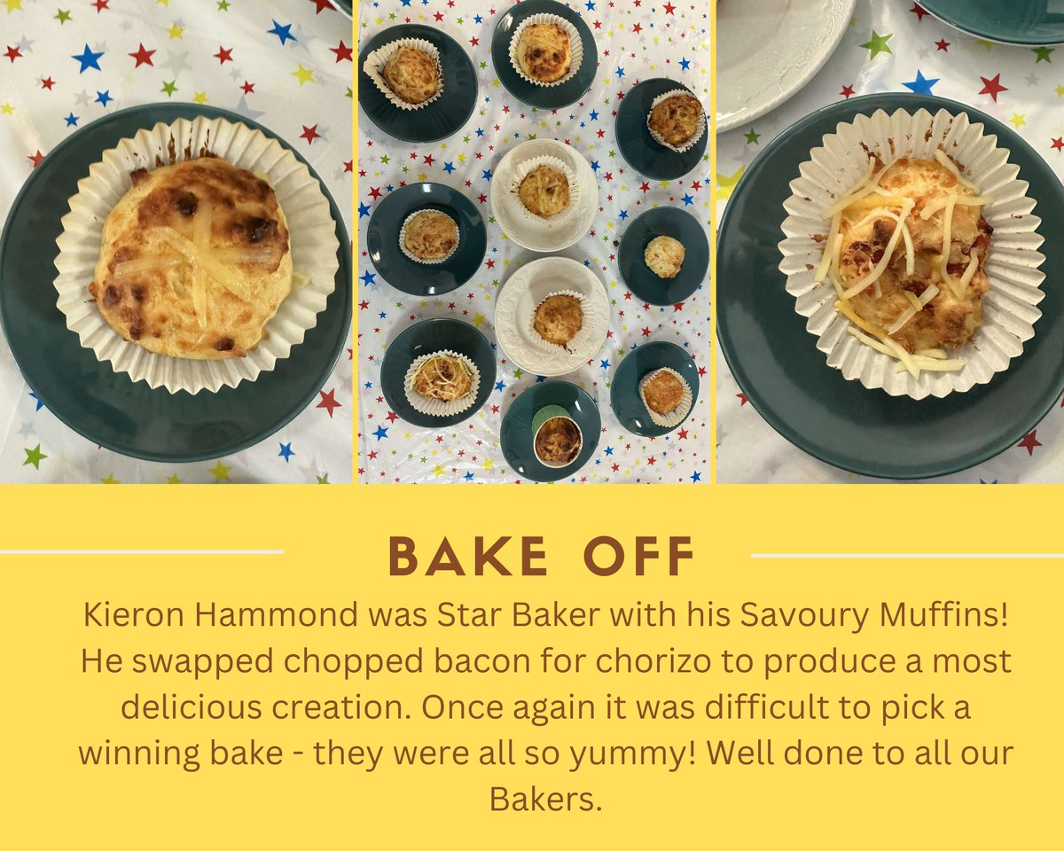 StEdmundsSCH's tweet photo. Kieron Hammond was Star Baker with his Savoury Muffins! He swapped chopped bacon for chorizo to produce a most delicious creation. Once again it was difficult to pick a winning bake - they were all so yummy! Well done to all our Bakers.
#bakeoff #buddingchef #PrueLeith https://t.co/dKzoYSNydO