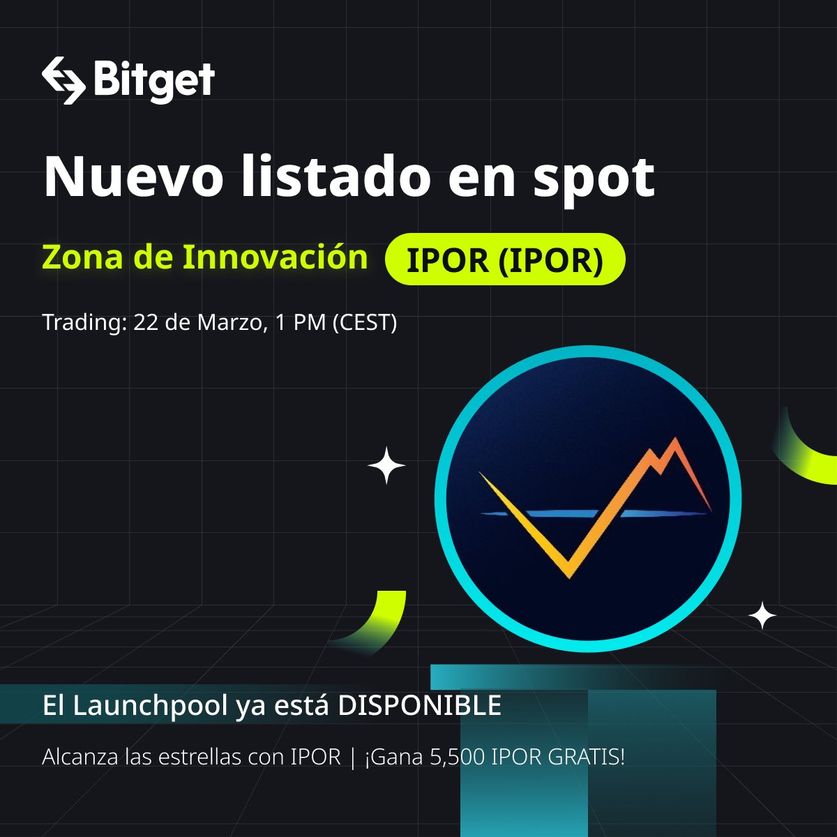 BitgetES's tweet photo. 🔥 Sesión n° 25 del #Launchpool de #Bitget - $IPOR
💪 ¡Celebra la última ronda del #Launchpool con @ipor_io el 20 de marzo con un fondo de premios en juego de 5.500 $IPOR!
⏰ $IPOR se listará el 22 de marzo a las 12 PM (UTC)
Todos los detalles: https://t.co/0gXX0qJ7nQ https://t.co/rr31RAR2nH