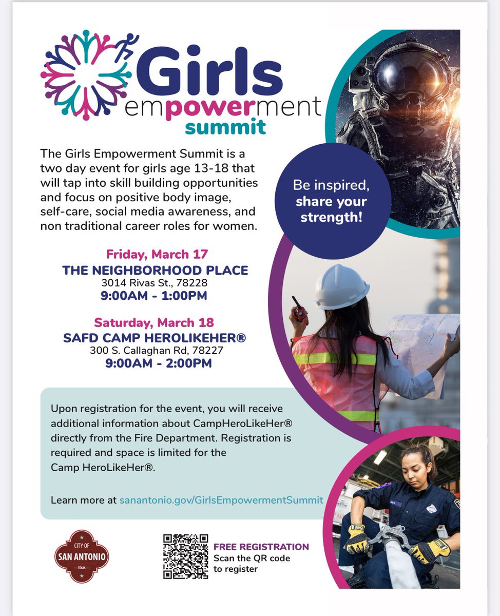 ✨Registration is now open✨

Spring break is here which means so is the Girls Empowerment Summit this Friday, 3/17 from 9am - 1pm at the Neighborhood Place.

✨Register here: eventbrite.com/cc/2023-girls-…

#GES2023 #leadlikeagirl #BRPLeaders #satx #westside #springbreak #sanantonio