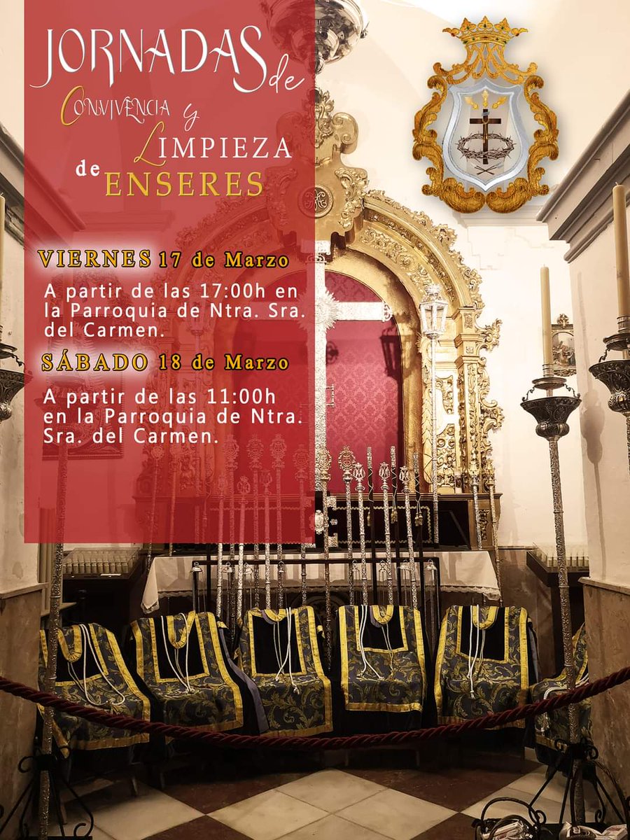 HumildadMontoro's tweet photo. Comienza la cuenta atrás y queremos recordar que este próximo fin de semana, viernes y sábado en la Parroquia de Ntra Sra del Carmen estaremos limpiando todos los enseres para la estación de penitencia de nuestra Hermandad.
#HumildadMontoro
#HumildadMartesSanto https://t.co/sdllG0A3GC