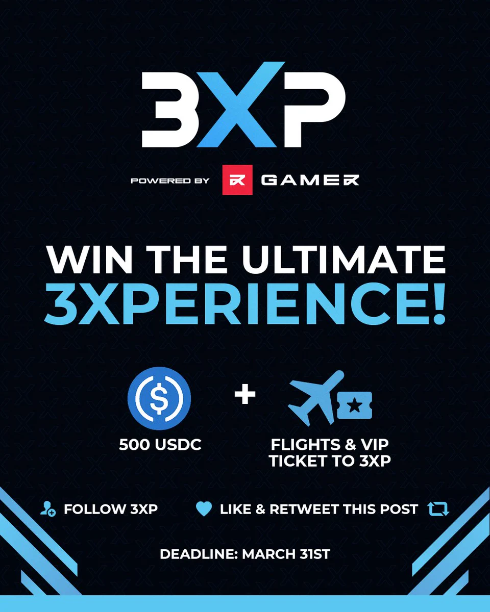 We are celebrating the launch of 3XP Web3 Gaming Expo with a #giveaway!!

Win 500 $USDC, a VIP ticket and a paid flight to 3XP.
To Enter:
🔹Follow
🔹Like
🔹RT

⏰ Ends March 24th

#giveaway #web3gaming #crypto #blockchain