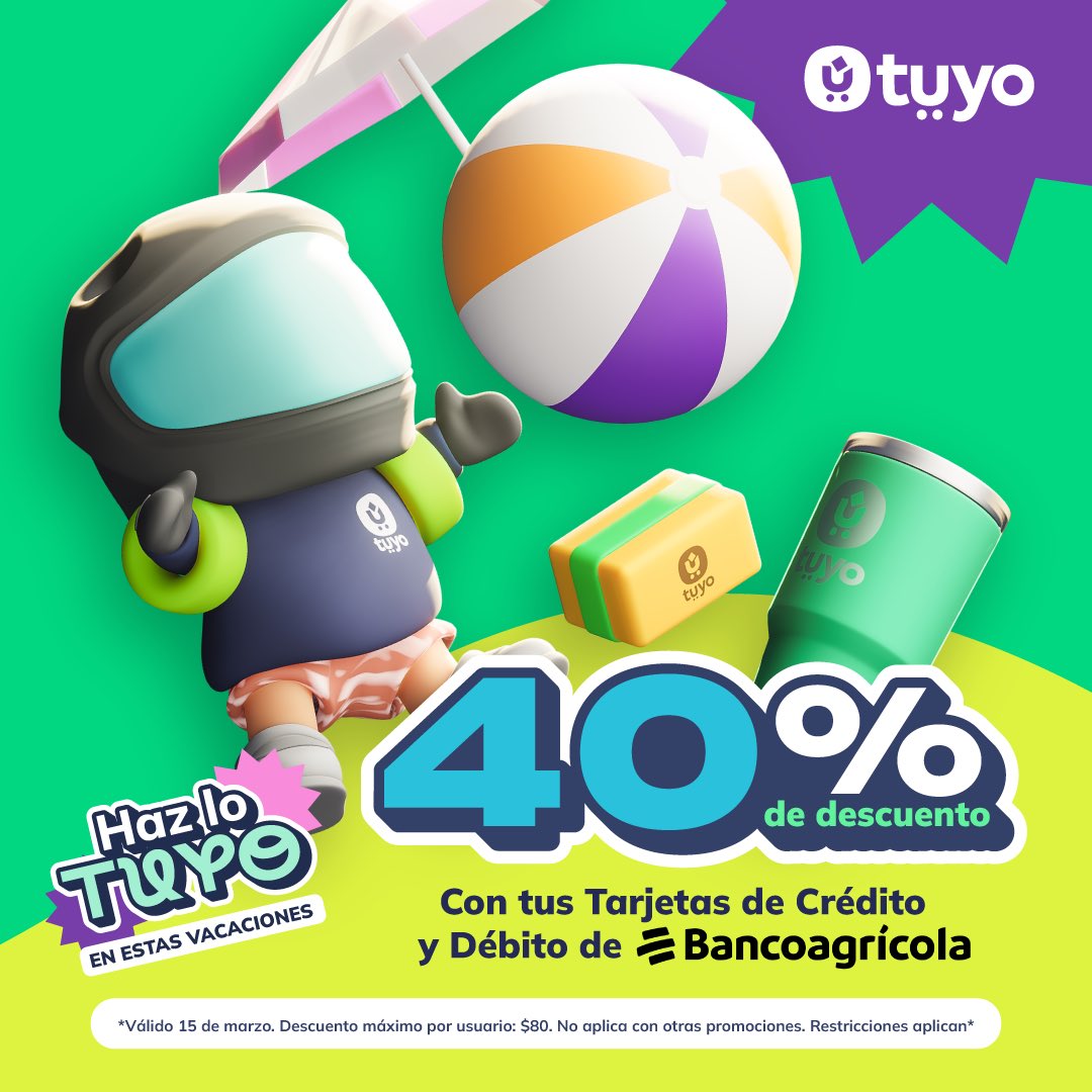 Miércoles de: 40% OFF con <a href="/bancoagricolasv/">Bancoagrícola</a>  🤩🚀. 

Aprovechen HOY a comprar con 40% OFF al pagar con sus tarjetas de crédito o débito del Bancoagrícola  🛍️. 

R.A