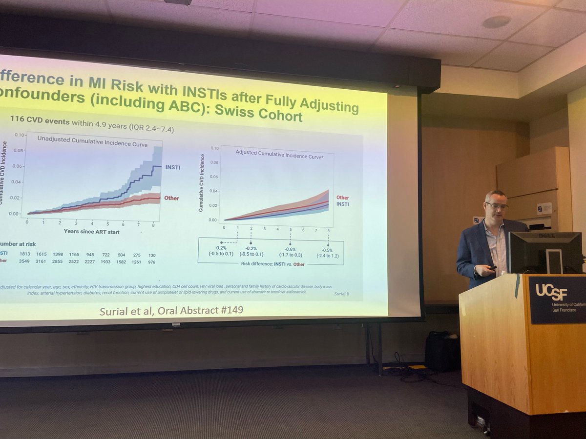 Today at UCSF HIV Grand Rounds we have Peter Hunt and Rachel Rutishauser discussing comorbidities and cure research. Peter hunt is starting by discussing comorbidities.. no evidence of increased risk of MI with INSTIs in the Swiss Cohort, reassuring given prior study w MI signal