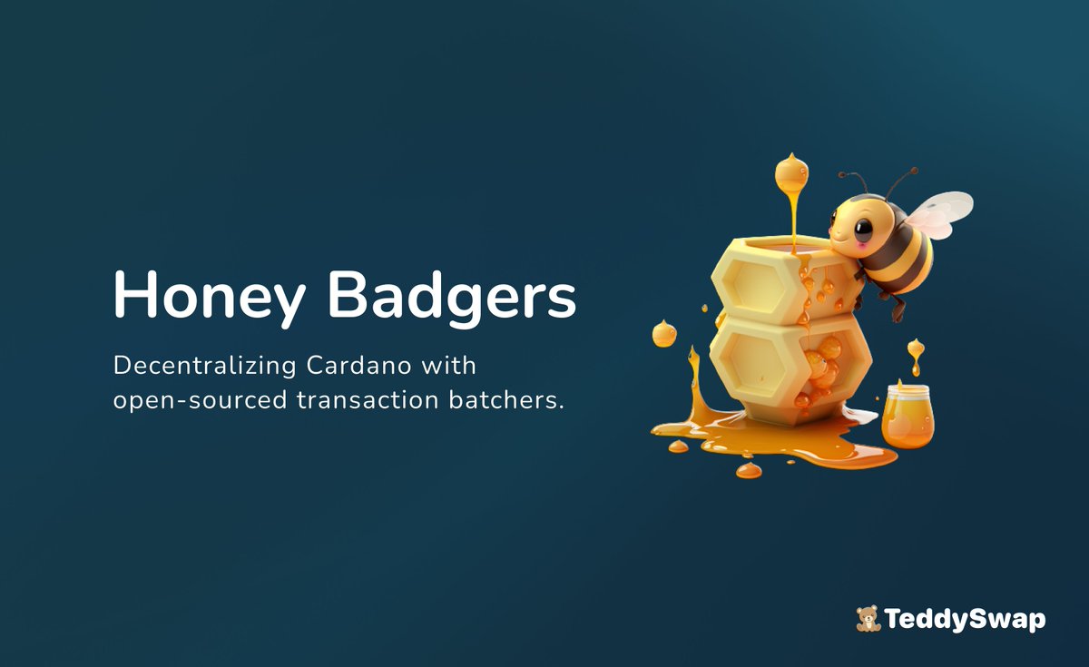 TeddySwap's tweet photo. We're excited to release the technical details of our batching solution — Honey Badgers 🍯

We explain why we believe it's a secure and scalable solution for Cardano DEXs 🧸

Article below 🐝👇
https://t.co/MDt1rdEDKh https://t.co/N5rmTL4Sg7