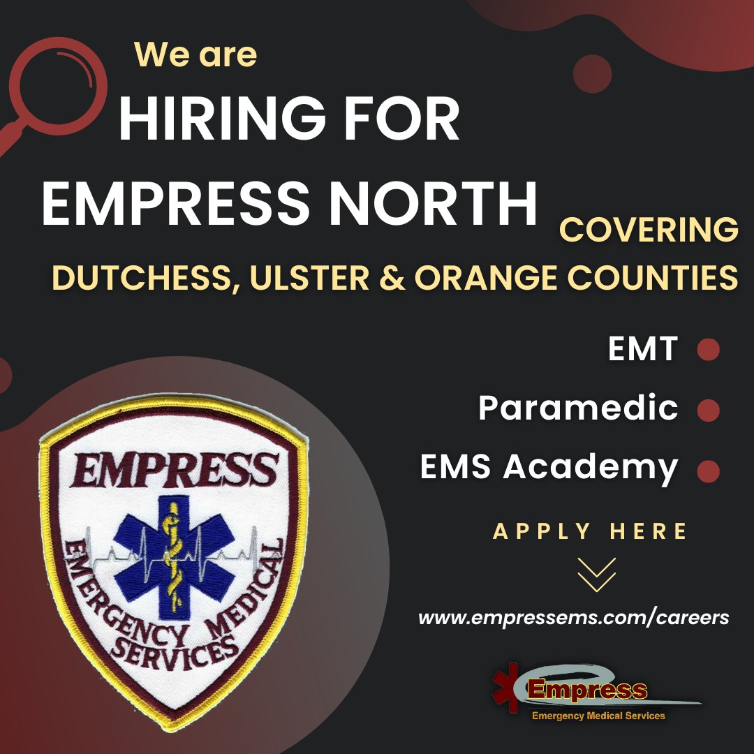 Looking for employment in EMS? Apply for our northern division as an EMT, Paramedic or for our Paid EMS Academy. Apply online today! #EMS #EMT #Paramedic #AmbulanceLife #DutchessCounty #UlsterCounty #OrangeCounty