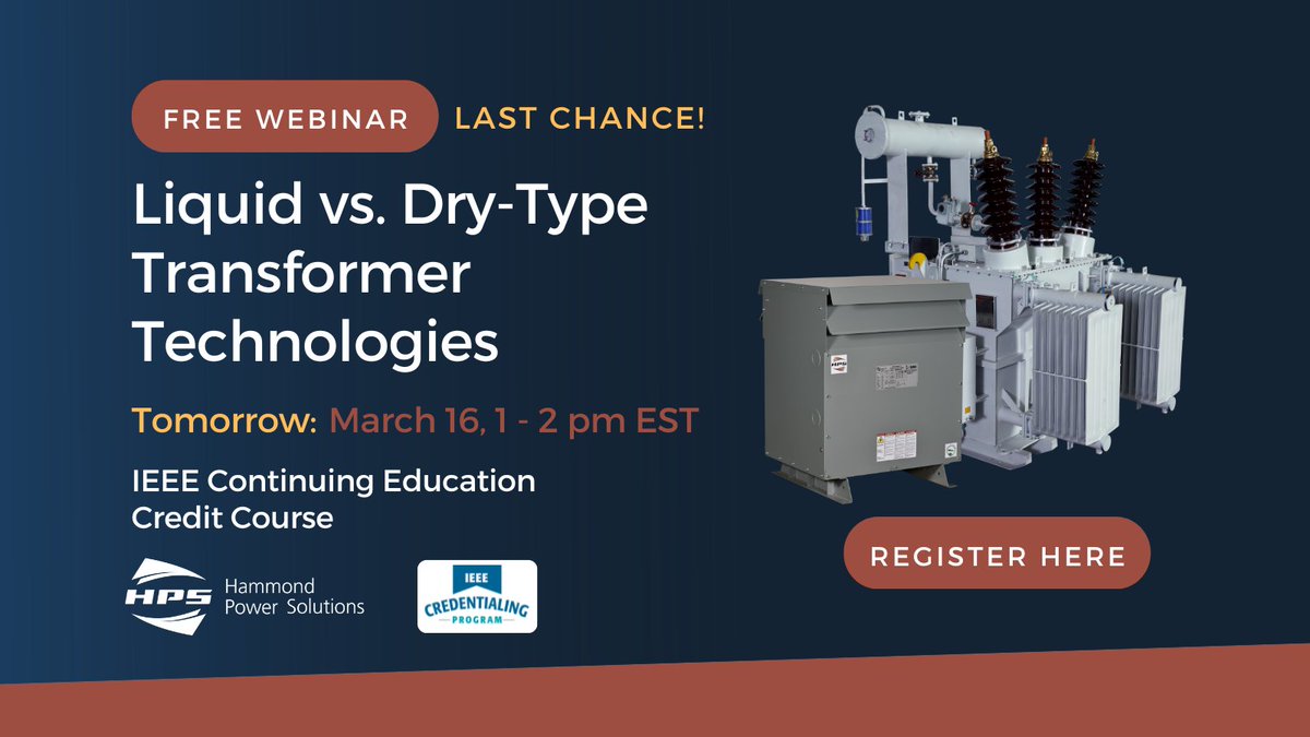 HPSTransformers's tweet photo. Join HPS for a free webinar to learn more liquid cooled vs. dry-type transformer technologies. IEEE Continuing Education Credit is available for this session. https://t.co/ui3kQyJBZG
#IEEE #transformers #webinar #transformertechnology https://t.co/twEhzEmX0e