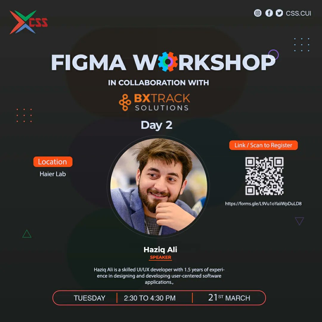CssCui's tweet photo. "Unlock Your Design Potential with Our Figma Workshop: Learn the Latest Design Techniques and Boost Your Creativity!"
Date: 20th and 21st March, 2023
Timing: 2:30-4:30pm
Location: Haier Lab

#workshop #figma #designing #comsatsislamabad #cssociety https://t.co/APomfjiF5W