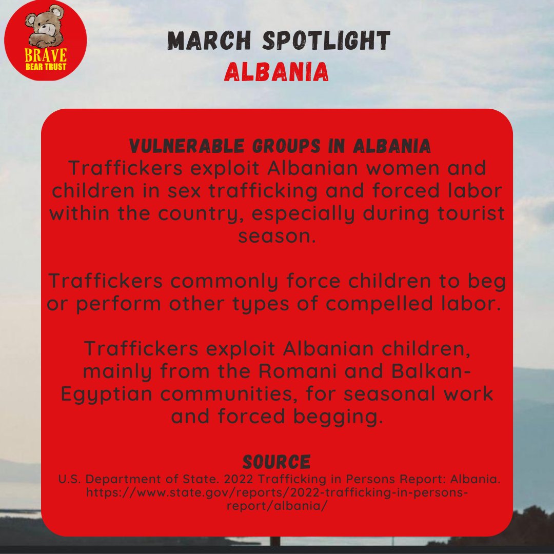 joinbravebear's tweet photo. This month's focus at Brave is Albania!🇦🇱 

Swipe through to find out about the situation of trafficking in Albania.

Did you spot Brave at Tirana airport? 🐻 We'll be updating you soon on what Brave got up to on his recent trip to Albania. 

 #trafficking #modernslavery #albania https://t.co/gLa8wQeOck