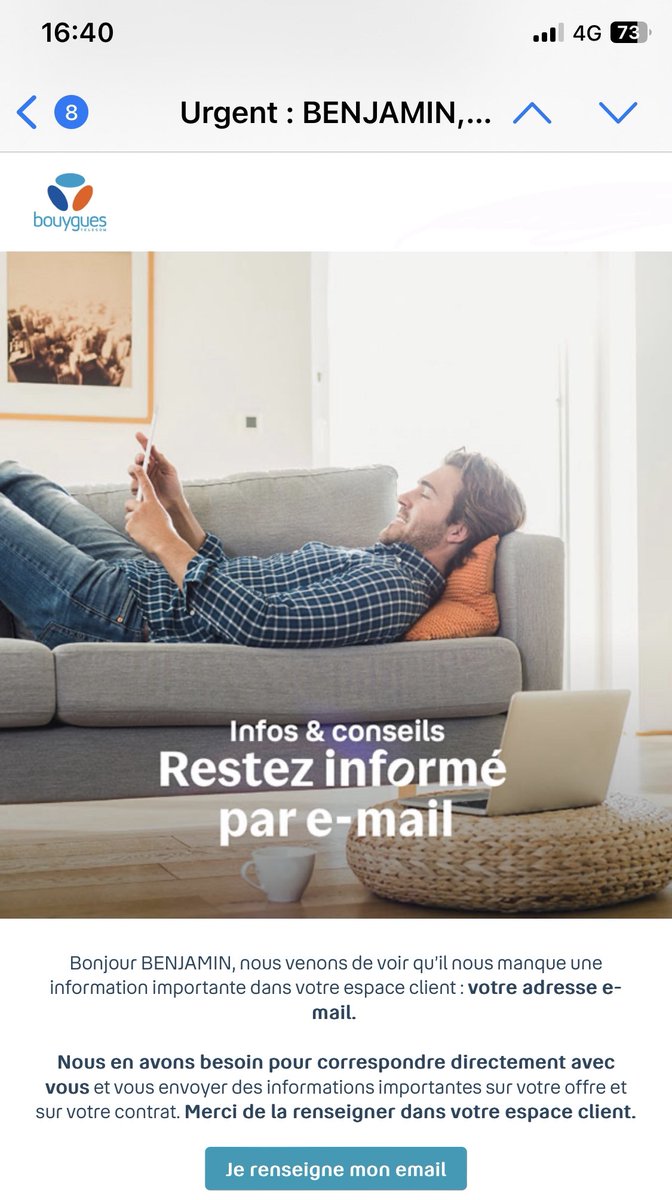 bblanchou's tweet photo. @bouyguestelecom visiblement il n’y a pas que vos #réseaux et #box qui ne marchent pas. Envoyer un #mail pour dire que vous n’avez pas d’adresse mail c’est assez exceptionnel https://t.co/H4dWTYdg6H
